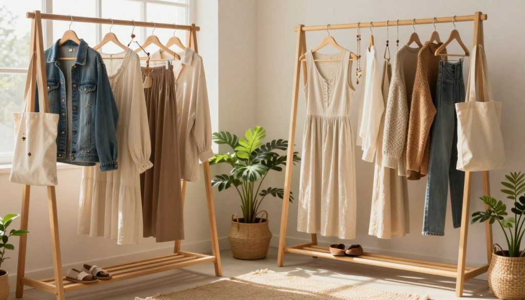 A beautifully arranged sustainable wardrobe, showcasing an array of eco-friendly clothing options made from organic materials. In the foreground, a wooden clothing rack displays a variety of stylish, modest outfits hanging neatly, such as a denim jacket, flowy dresses, and casual sweaters, complemented by accessories like handmade jewelry and a reusable tote bag. In the middle, a soft, natural fiber rug provides a warm touch, while potted plants add a sense of life and sustainability. The background features a window with gentle sunlight streaming in, casting a soft glow over the scene, emphasizing the warm and inviting atmosphere. The overall mood is tranquil and inspiring, inviting viewers to embrace a sustainable lifestyle.
