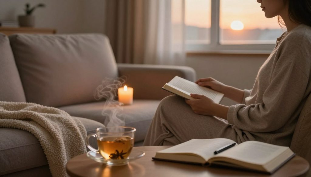 A cozy evening scene depicting an individual (dressed in comfortable, modest lounge wear) engaging in a wind-down routine at home. In the foreground, a soft, inviting sofa with a plush blanket and a steaming cup of herbal tea on a side table. The middle ground features a lit candle, creating a warm glow, alongside an open book and a journal with a pen. In the background, a softly lit room with warm tones, showcasing a window with sheer curtains allowing the last light of sunset to filter in, enhancing the tranquil atmosphere. The scene captures a peaceful moment filled with relaxation and mindfulness. The lighting is soft and intimate, evoking a sense of calm and comfort.