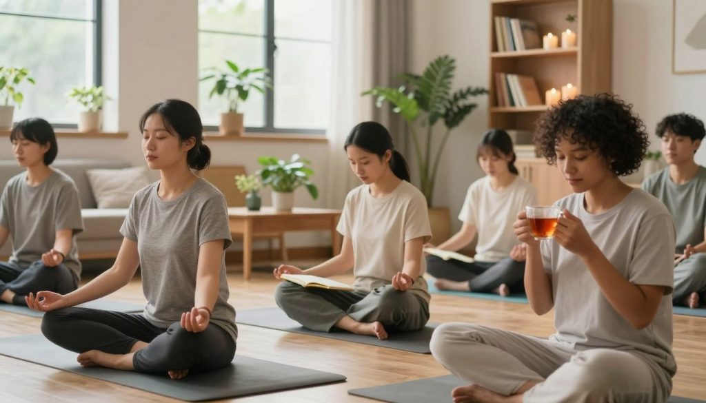 A serene and inviting scene depicting daily self-care activities for mental health. In the foreground, a diverse group of individuals engaging in wellness routines, dressed in comfortable casual attire. One person is practicing yoga on a mat, another is journaling at a cozy desk adorned with plants, and a third is enjoying a cup of herbal tea while meditating. In the middle ground, soft ambient lighting creates a calm atmosphere, with warm natural light streaming through large windows, illuminating a peaceful living space filled with greenery and calming colors. In the background, a bookshelf holds self-help books and scented candles. The overall mood is relaxing and uplifting, promoting a sense of tranquility and mindfulness. The image is captured with a soft focus to enhance the peaceful ambiance.