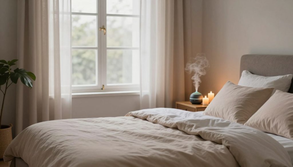 A serene and inviting sleep environment showcasing an elegantly designed bedroom focused on optimizing relaxation. In the foreground, a plush bed with soft, calming colors and layers of cozy bedding invites rest. On the bedside table, a small diffuser emits a gentle mist, surrounded by flickering candles that cast a warm, soothing glow. The middle ground features a large window adorned with light, flowy curtains that filter in soft, natural light, enhancing the tranquil atmosphere. In the background, a peaceful indoor plant adds a touch of nature, symbolizing freshness and positivity. The room is softly illuminated, evoking a sense of calm, peace, and stress relief, ideal for promoting restful sleep.