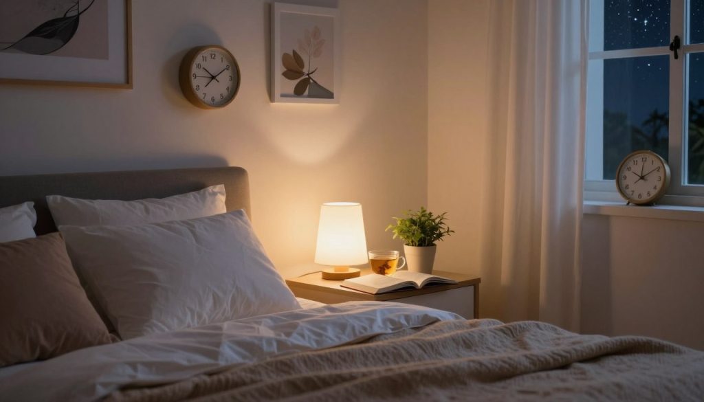 A serene bedroom scene at twilight, showcasing effective bedtime routine tips. In the foreground, a cozy bed with fluffy pillows and a warm, inviting blanket. On a bedside table, a softly glowing lamp beside an open book, a cup of herbal tea, and a small potted plant. The middle ground features a tranquil wall adorned with calming artwork and a clock showing an early bedtime hour. In the background, a window with drawn curtains allowing a hint of starry night sky to peek through, creating a peaceful atmosphere. Soft, warm lighting bathes the entire scene, evoking relaxation and calmness, inviting viewers to visualize their perfect bedtime routine. The image should feel inviting and restful, encouraging viewers to embrace tranquility before sleep.