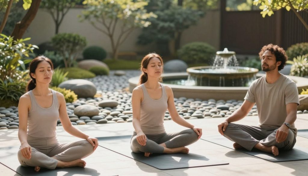 A serene environment showcasing relaxation techniques for immediate anxiety relief. In the foreground, a diverse group of three individuals (two women and one man) are engaging in deep breathing exercises, dressed in modest, comfortable clothing. The scene captures them seated cross-legged on soft yoga mats, with peaceful expressions. In the middle ground, a softly lit zen garden filled with smooth pebbles and lush greenery creates a sense of tranquility. The background features a gently flowing water fountain, its sound creating a calming ambiance. Natural sunlight filters through surrounding trees, casting soft shadows and warm tones that enhance the mood. The overall atmosphere is one of peacefulness and mindfulness, inviting the viewer to embrace relaxation. A serene environment showcasing relaxation techniques for immediate anxiety relief. In the foreground, a diverse group of three individuals (two women and one man) are engaging in deep breathing exercises, dressed in modest, comfortable clothing. The scene captures them seated cross-legged on soft yoga mats, with peaceful expressions. In the middle ground, a softly lit zen garden filled with smooth pebbles and lush greenery creates a sense of tranquility. The background features a gently flowing water fountain, its sound creating a calming ambiance. Natural sunlight filters through surrounding trees, casting soft shadows and warm tones that enhance the mood. The overall atmosphere is one of peacefulness and mindfulness, inviting the viewer to embrace relaxation.