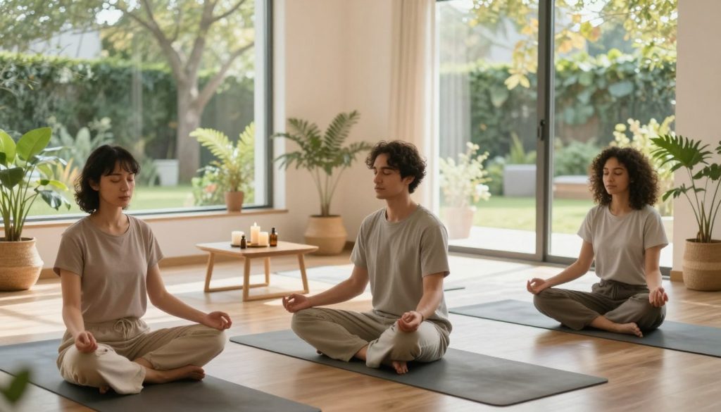A serene indoor meditation space filled with soft natural light, highlighting the tranquility of mindfulness and meditation. In the foreground, a diverse group of three individuals, dressed in modest, comfortable clothing, are sitting cross-legged on soft yoga mats, eyes gently closed, embodying peace and focus. In the middle ground, plants and soothing decor enhance the atmosphere, with a small table holding candles and essential oils. In the background, large windows reveal a calming garden view, with trees swaying lightly in the breeze. The image should evoke a sense of calmness and clarity, using warm and soft lighting to create a peaceful ambiance, captured from a slightly elevated angle to encompass both the serene individuals and the inviting environment.