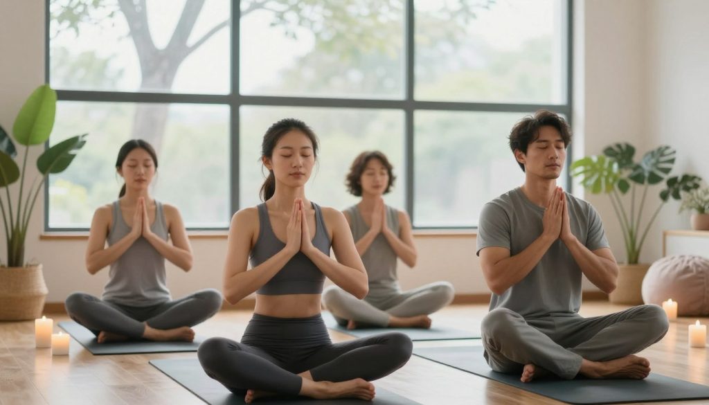 A serene indoor setting featuring a diverse group of three individuals practicing deep breathing exercises. In the foreground, focus on a woman and a man seated on yoga mats, eyes closed, demonstrating calmness and concentration in their breath. The middle layer showcases a large window behind them, allowing natural soft light to illuminate the space and enhance the tranquil atmosphere. Plants and calming decor, such as candles and soft cushions, are placed around the room, adding a sense of peace. In the background, silhouettes of trees gently swaying can be seen through the window, symbolizing connection with nature. The overall mood is serene and encouraging, inviting viewers to engage in mindfulness and stress relief techniques. A serene indoor setting featuring a diverse group of three individuals practicing deep breathing exercises. In the foreground, focus on a woman and a man seated on yoga mats, eyes closed, demonstrating calmness and concentration in their breath. The middle layer showcases a large window behind them, allowing natural soft light to illuminate the space and enhance the tranquil atmosphere. Plants and calming decor, such as candles and soft cushions, are placed around the room, adding a sense of peace. In the background, silhouettes of trees gently swaying can be seen through the window, symbolizing connection with nature. The overall mood is serene and encouraging, inviting viewers to engage in mindfulness and stress relief techniques.