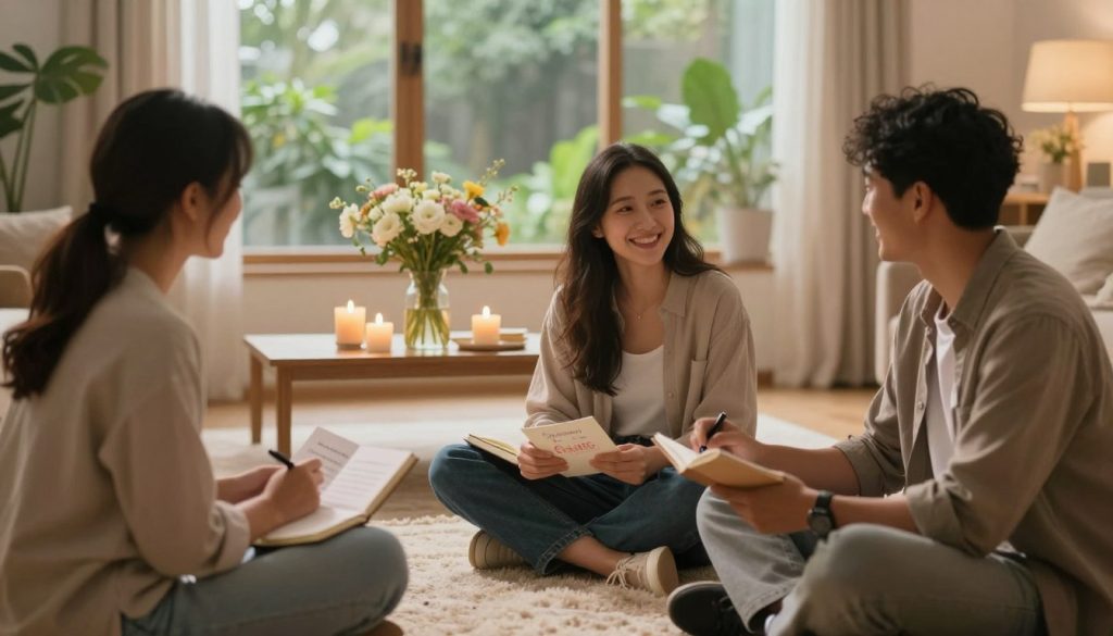 A serene indoor space filled with warm, soft lighting that creates a cozy atmosphere. In the foreground, a diverse group of three individuals, a woman and two men, sit comfortably on a plush rug, engaged in positive conversations while holding journals and gratitude cards. One person is writing, another is smiling as they share their thoughts, and the third is leaning back, listening attentively. In the middle ground, a table adorned with fresh flowers and lit candles adds a sense of tranquility. The background features large windows with lush greenery visible outside, enhancing the feeling of connection to nature. Use a soft focus lens to create a warm, inviting mood, with gentle light filtering through the windows.