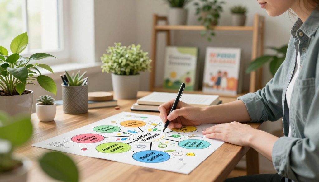 A serene workspace filled with vibrant green plants, symbolizing growth and wellness. In the foreground, a person dressed in smart casual clothing is engaged in writing on a large, colorful mind map displayed on a wooden table. The mind map outlines various habit change strategies such as “Goal Setting,” “Positive Reinforcement,” and “Routine Building.” In the middle ground, shelves with books and wellness materials indicate a commitment to self-improvement. The background features a soft, natural light streaming in through a large window, casting a warm glow. The atmosphere is calm and focused, evoking a sense of motivation and clarity in the journey of adopting positive habits for wellness. Soft focus on the background elements enhances the subject's importance. A serene workspace filled with vibrant green plants, symbolizing growth and wellness. In the foreground, a person dressed in smart casual clothing is engaged in writing on a large, colorful mind map displayed on a wooden table. The mind map outlines various habit change strategies such as “Goal Setting,” “Positive Reinforcement,” and “Routine Building.” In the middle ground, shelves with books and wellness materials indicate a commitment to self-improvement. The background features a soft, natural light streaming in through a large window, casting a warm glow. The atmosphere is calm and focused, evoking a sense of motivation and clarity in the journey of adopting positive habits for wellness. Soft focus on the background elements enhances the subject's importance.