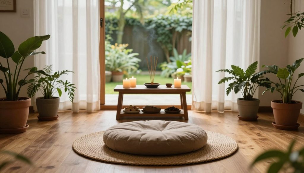 A tranquil meditation space set on a wooden floor, with soft, natural light filtering in through large windows adorned with sheer white curtains. In the foreground, a plush meditation cushion in earthy tones sits on a woven mat, surrounded by potted plants that add a touch of greenery. The middle ground features a simple wooden altar adorned with candles and incense, exuding a serene ambiance. In the background, a gentle view of a peaceful garden can be glimpsed, adding to the calming atmosphere. The entire scene is bathed in warm light, creating a sense of harmony and inner peace. The image captures the essence of mindfulness, inviting viewers to prepare themselves and their environment for meditation.