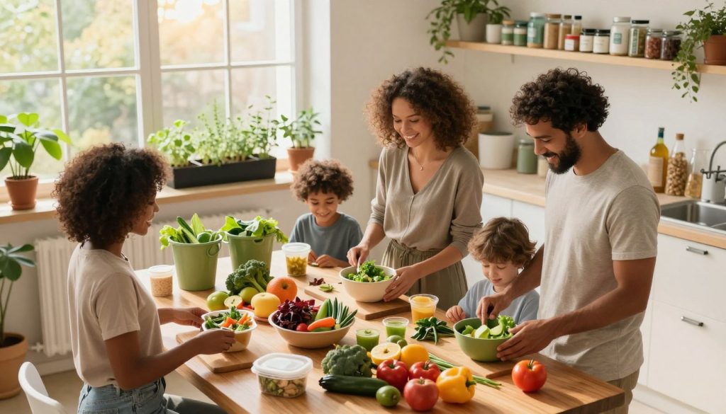 A vibrant kitchen scene, filled with fresh fruits and vegetables, representing sustainable lifestyle choices. In the foreground, a diverse group of individuals (a man, woman, and child) happily preparing a healthy meal together, dressed in modest casual clothing. In the middle, a wooden dining table is adorned with organic produce, compost bins, and reusable containers, emphasizing eco-friendly habits. The background features large windows filtering in soft, warm sunlight, illuminating a small indoor herb garden and shelves lined with sustainable products. The overall atmosphere is cheerful and inviting, evoking a sense of community and environmental consciousness. Capture this image from a slightly elevated angle to provide a comprehensive view, creating a harmonious and inspiring ambiance.